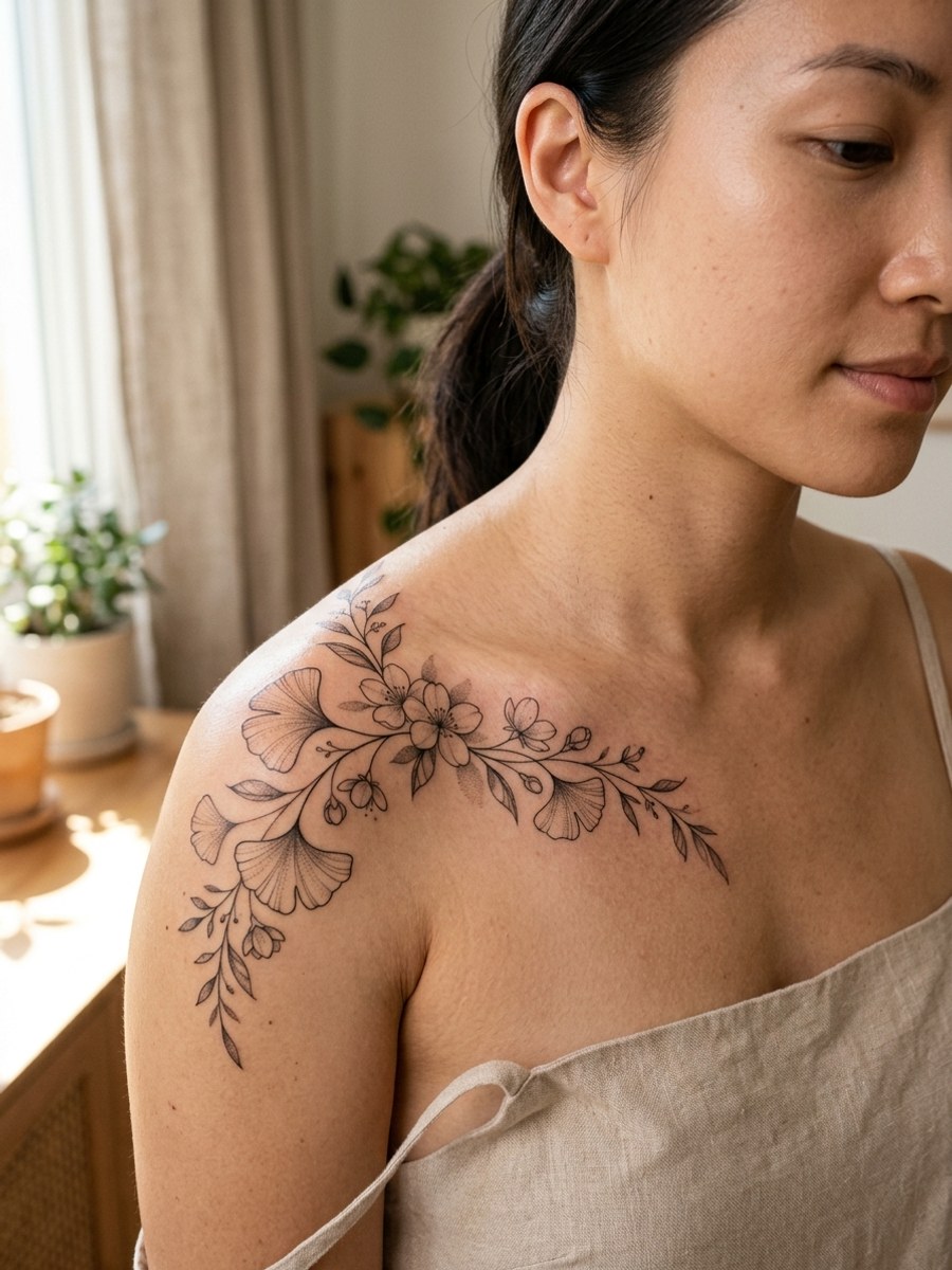 Minimalist fine-line botanical and ginkgo tattoo on shoulder and collarbone by Lucky Leaf Tattoo