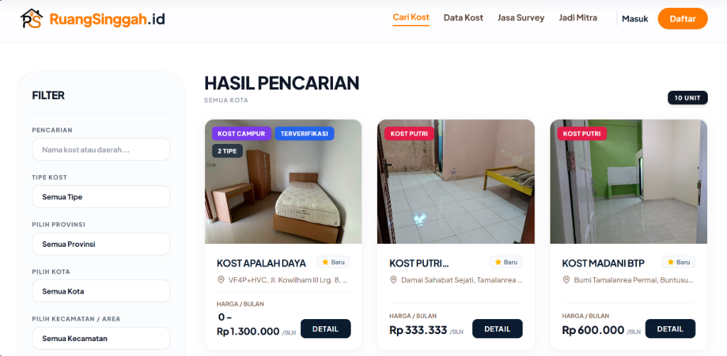 RuangSinggah.id Desktop Dashboard